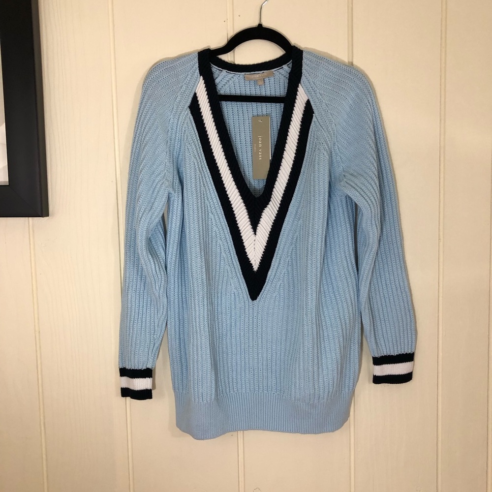 Joan Vass Blue V-Neck Knitted Sweater Large